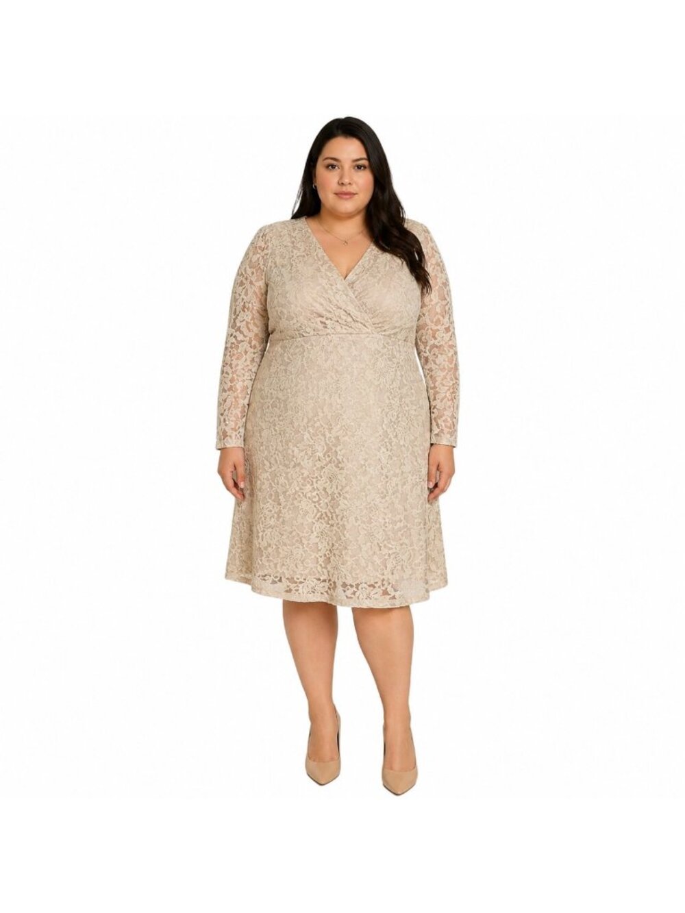 Lauren Ralph Lauren Womens Beige Lace Long Sleeve Dress 20W V Neck $210